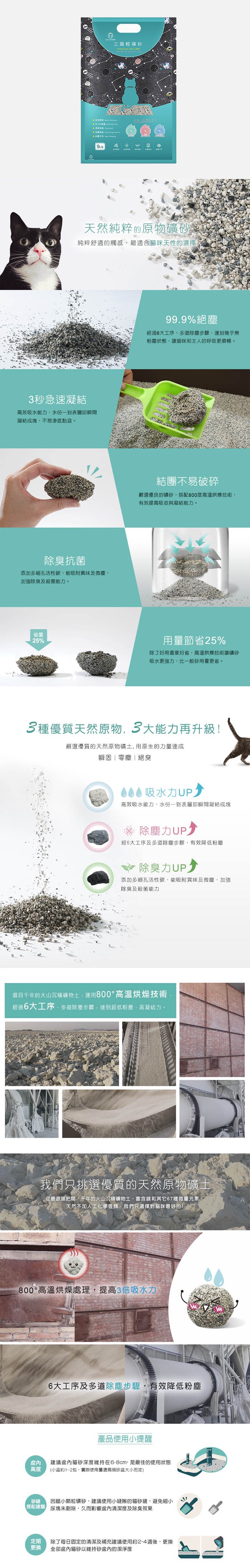三回輕礦砂，天然純粹的原物礦砂，純粹舒適的觸感,最適合貓咪天性的選擇。99.9%絕塵，經過6大工序、多道除塵步驟,達到幾乎無，粉靈狀態,讓貓咪和主人的呼吸更順暢。3秒急速凝結，高效吸水能力,水份一到表層即瞬間，凝結成塊,不易渗底黏盆。結團不易破碎，嚴