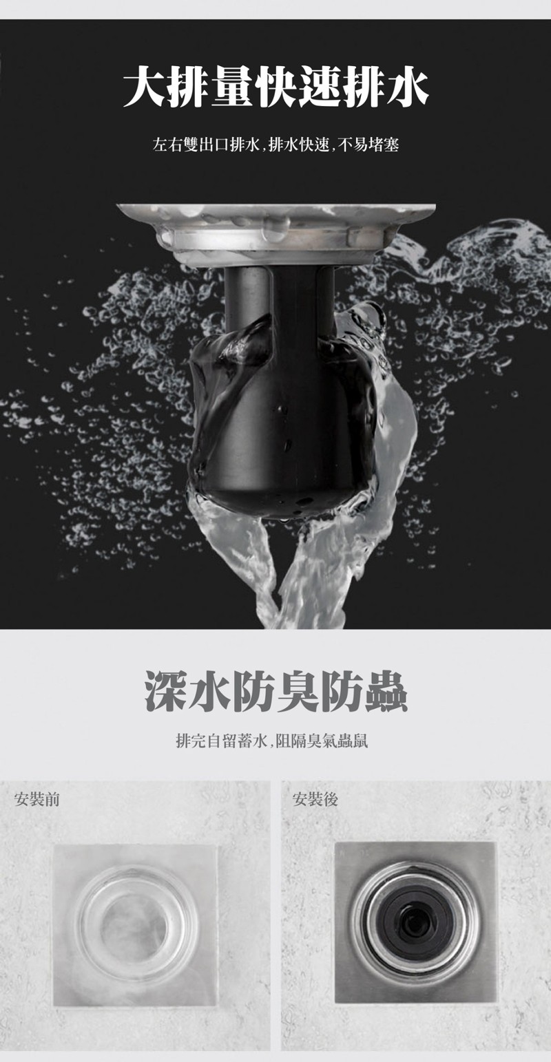 大排量快速排水，左右雙出口排水,排水快速,不易堵塞，深水防臭防蟲，排完自留蓄水,阻隔臭氣蟲鼠，安裝前，安裝後。