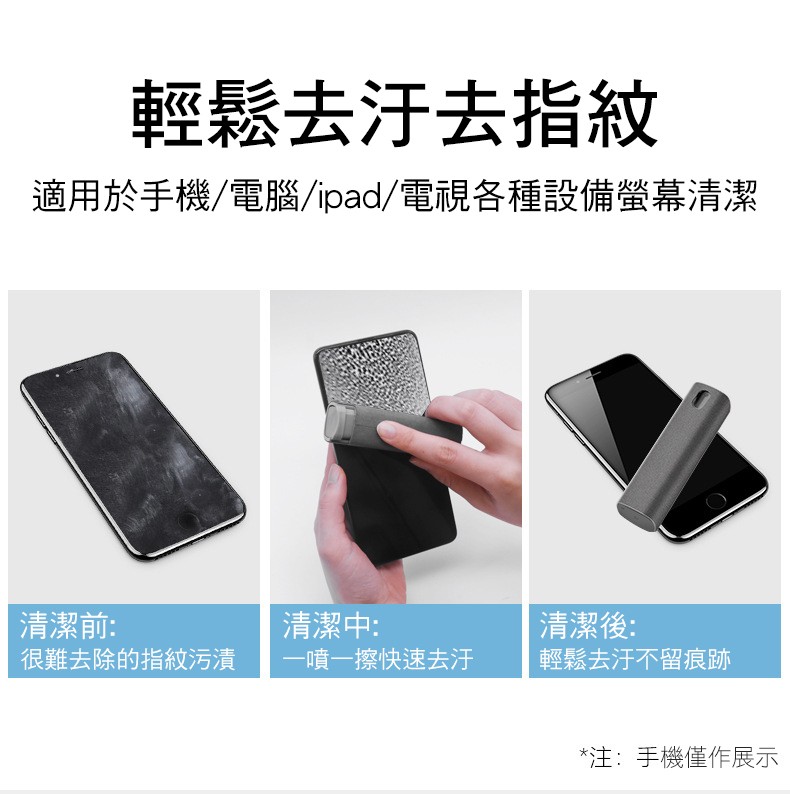 輕鬆去汙去指紋，適用於手機/電腦/ipad/電視各種設備螢幕清潔，清潔前:很難去除的指紋污漬，清潔中:一噴一擦快速去汗，清潔後:輕鬆去汗不留痕跡，注:手機僅作展示。
