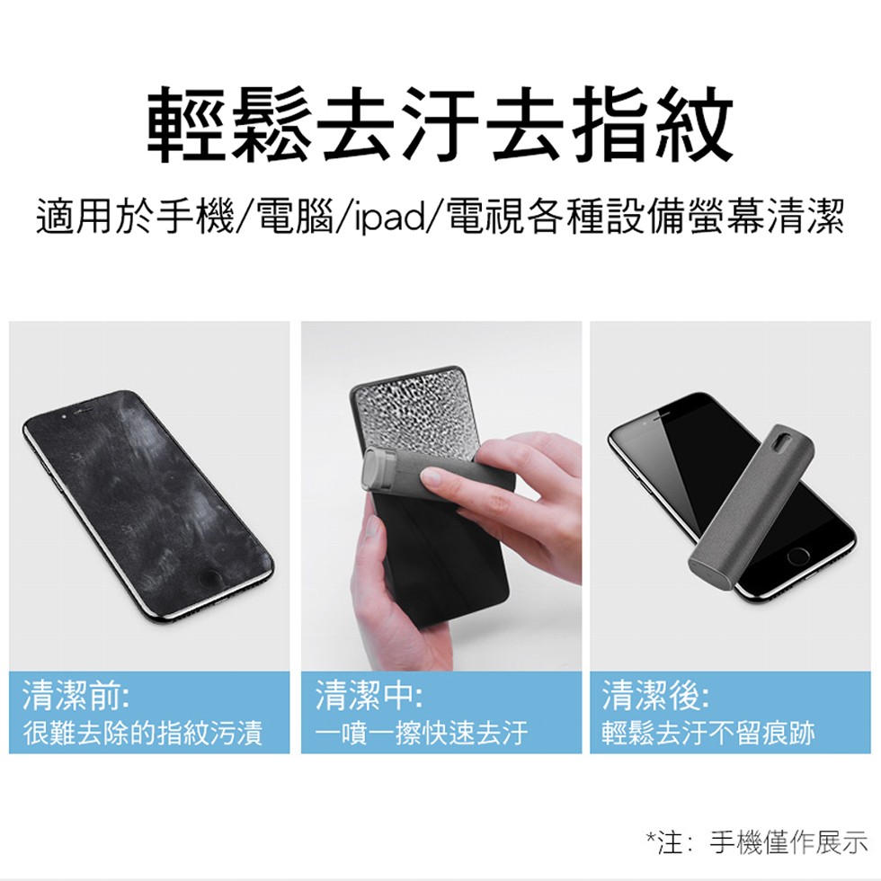 輕鬆去汙去指紋，適用於手機/電腦/ipad/電視各種設備螢幕清潔，清潔後:輕鬆去汗不留痕跡，清潔前:清潔中:一噴一擦快速去汗，很難去除的指紋污漬，注:手機僅作展示。