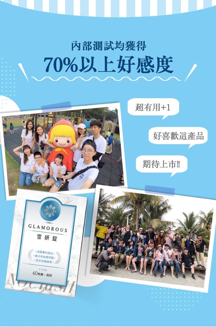 內部測試均獲得,70%以上好感度,超有用+1,好喜歡這產品,期待上市!雪妍錠,法國專利香瓜。義大利血理草取。日本攻瑰精草。60粒裝/館狀。