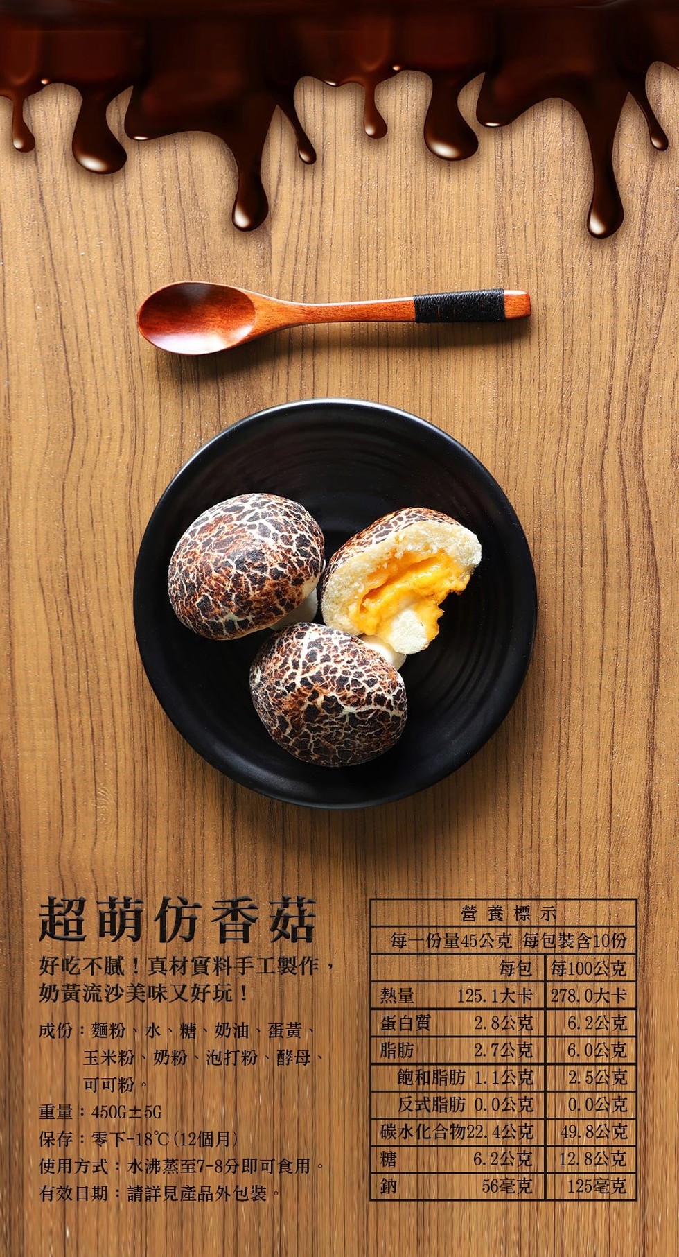 超萌仿香菇,營養標示,每十份量45公克每包裝合10份,每包每100公克,125.1大卡1278.0大卡,2.8公克,2.7公克,飽和脂肪 1.1公克,反式脂肪 0.0公克,碳水化合物22. 4公克,6.2公克,56毫克,好吃不膩!真材實料手工製作,奶