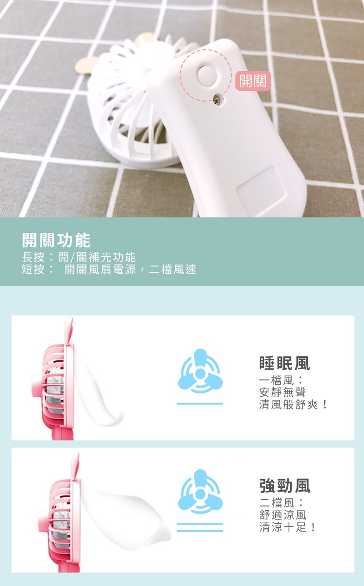 開關功能，長按:開/關補光功能，短按: 開關風扇電源,二檔風速，睡眠風，一檔風:安靜無聲，清風般舒爽!強勁風，二檔風:舒適涼風，清涼十足!U门リリ，EDDリ。