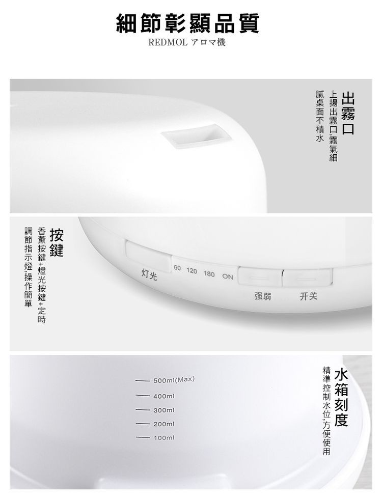 細節彰顯品質，REDMOL アロマ機，一400ml，一300ml，一100ml，出霧口，上揚出霧口,霧氣細，膩桌面不積水水箱刻度，精準控制水位,方便使用，香薰按鍵+燈光按鍵+定時，關節指示燈,操作簡單。