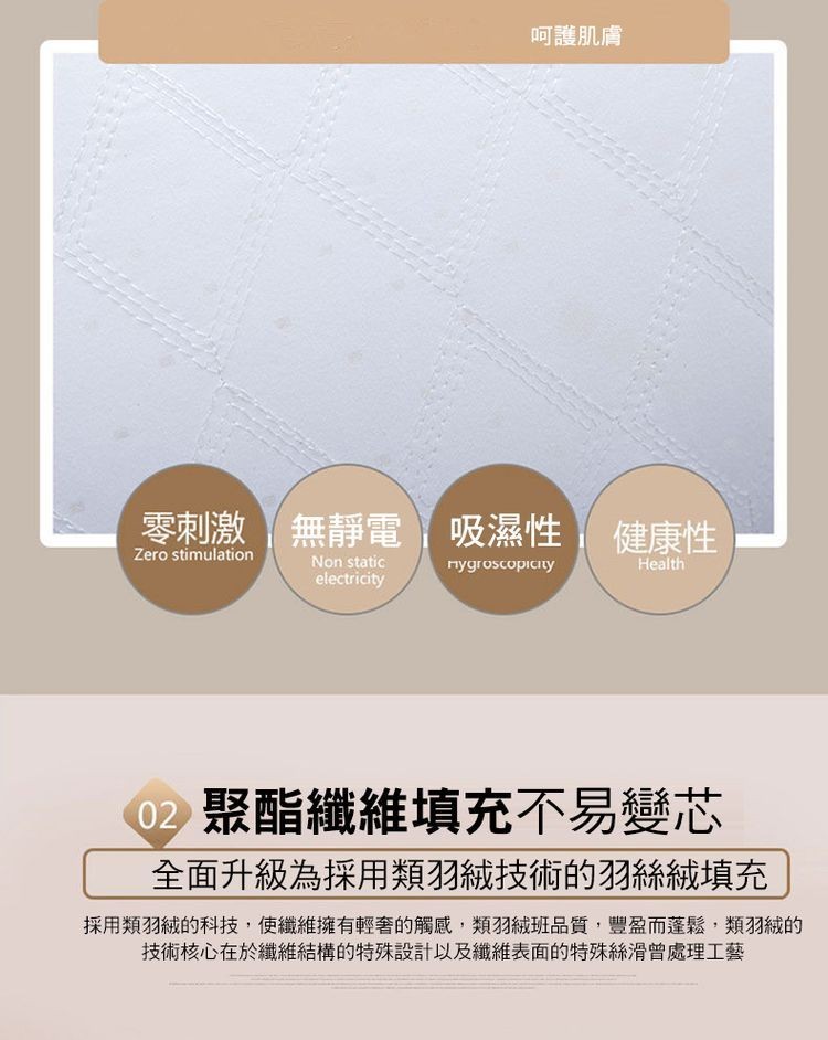 呵護肌膚,零刺激無靜電,吸濕性健康性,02聚酯纖維填充不易變芯,全面升級為採用類羽絨技術的羽絲絨填充,採用類羽絨的科技,使纖維擁有輕奢的觸感,類羽絨班品質,豐盈而蓬鬆,類羽絨的,技術核心在於纖維結構的特殊設計以及纖維表面的特殊絲滑曾處理工藝。