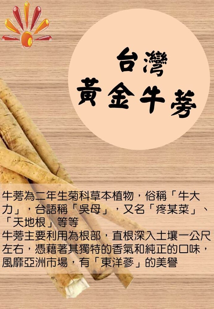 黃金牛蒡,牛蒡為二年生菊科草本植物,俗稱牛大,カ,台語稱吳母,又名疼某菜、天地根等等,牛蒡主要利用為根部,直根深入土壤一公尺,左右,憑藉著其獨特的香氣和純正的口味,風靡亞洲市場,有東洋蔘的美譽。