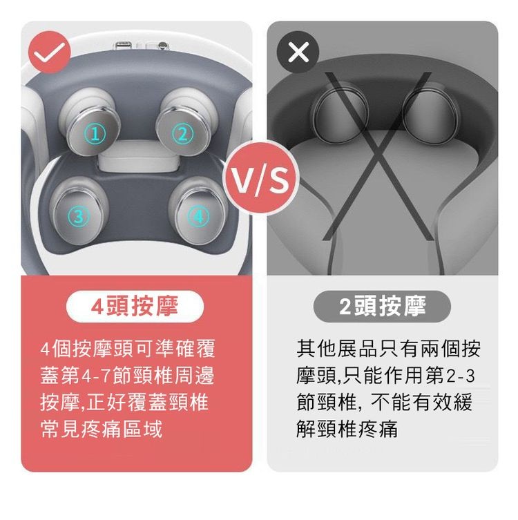4頭按摩，2頭按摩，4個按摩頭可準確覆，蓋第4-7節頸椎周邊，按摩,正好覆蓋頸椎，常見疼痛區域，其他展品只有兩個按，摩頭,只能作用第2-3，節頸椎,不能有效緩，解頸椎疼痛。