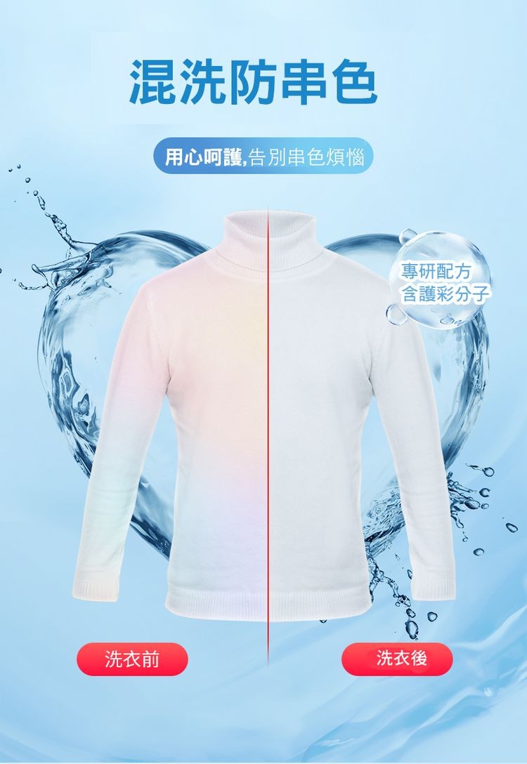 混洗防串色,用心呵護,告別串色煩惱,專研配方,含護彩分子,洗衣前,洗衣後。