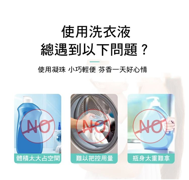 使用洗衣液,總遇到以下問題?使用凝珠 小巧輕便芬香一天好心情,體積太大占空間,難以把控用量,瓶身太重難拿。
