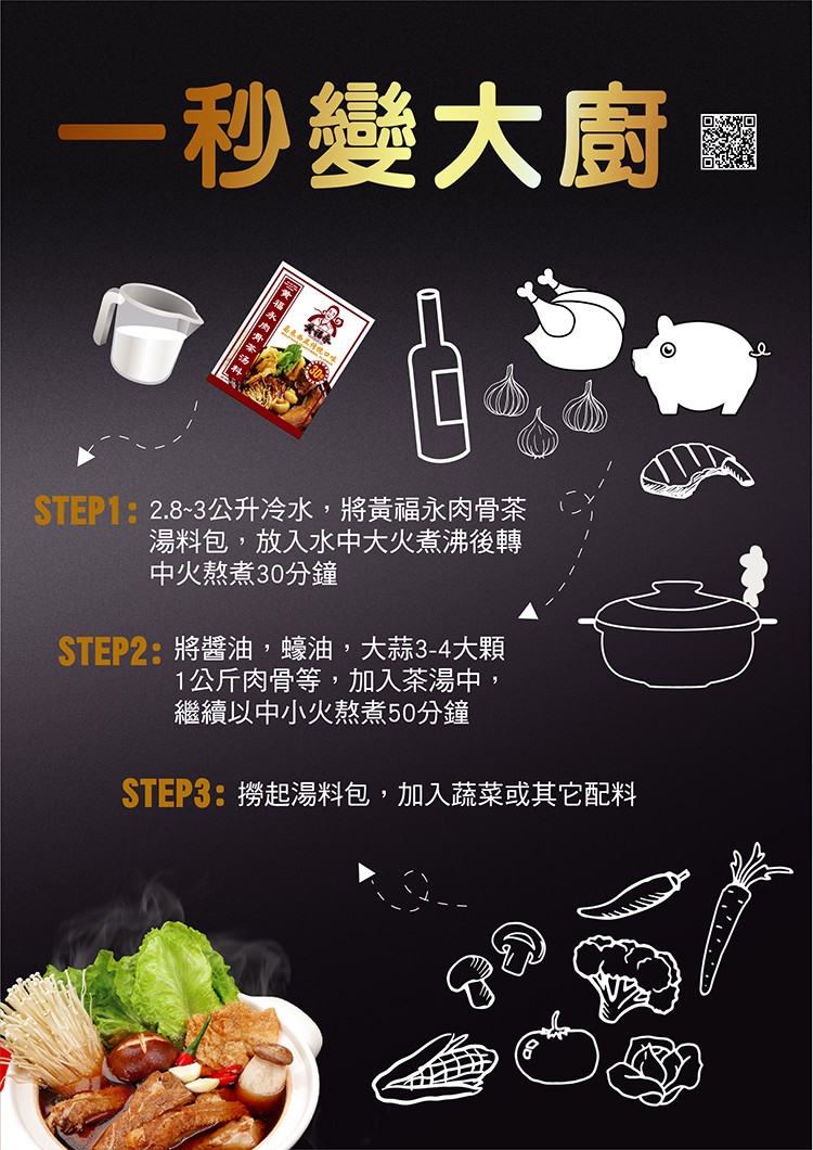 一秒變大廚，る来西，STEP1: 2.8-3公升冷水,將黃福永肉骨茶，湯料包,放入水中大火煮沸後轉，中火熬煮30分鐘，STEP2:將醬油,蠔油,大蒜3-4大顆，1公斤肉骨等,加入茶湯中,繼續以中小火熬煮50分鐘，STEP3:撈起湯料包,加入蔬菜或其它
