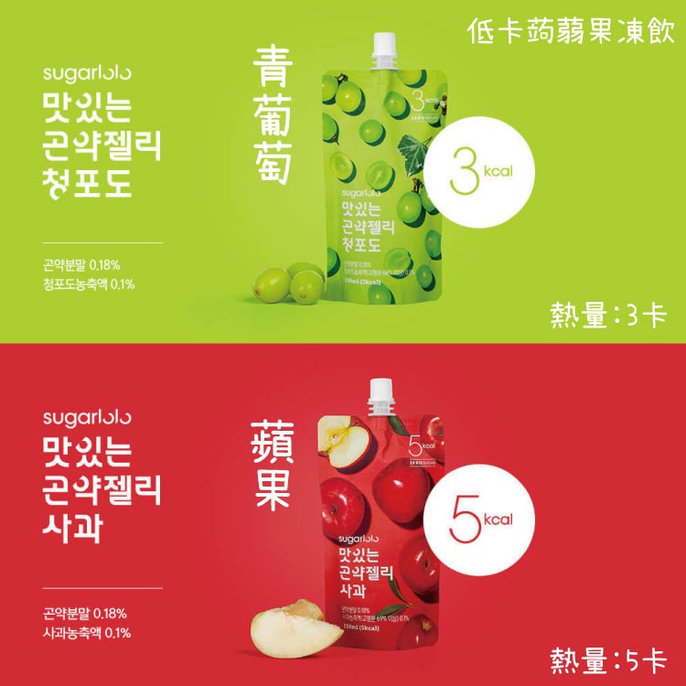 低卡药蒻果凍飲，맛있는，곤약젤리，청포도，맛있는，곤악젤리，청포도，곤약분말 0.18%，청포도농축액 0.1%，熱量:3卡，맛있는，곤약젤리，맛있는，곤약젤리，곤약분말 0.18%，사과농축액 0.1%，분 69% 이90TN，熱量:5卡，青葡萄。