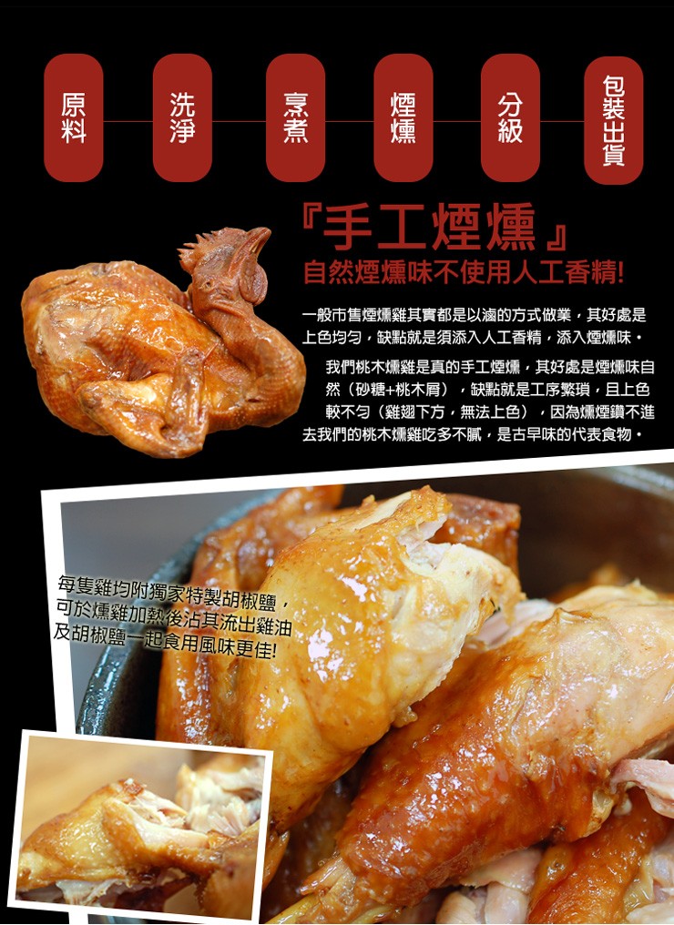 手工煙燻自然煙燻味不使用人工香精!一般市售煙燻雞其實都是以滷的方式做業,其好處是，上色均匀,缺點就是須添入人工香精,添入煙燻味,我們桃木燻雞是真的手工煙燻,其好處是煙燻味自，然(砂糖+桃木屑),缺點就是工序繁瑣,且上色，較不匀(雞翅下方,無法上色),
