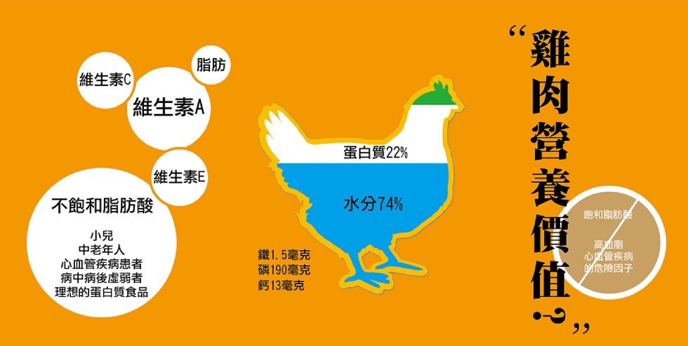 維生素C，(維生素A，蛋白質22%，維生素E，不飽和脂肪酸，水分74%，飽和脂肪，中老年人，心血管疾病患者，病中病後虚弱者，理想的蛋白質食品，鐵1.5毫克，磷190毫克，鈣13毫克，高血脂，心管疾病，的危險因子，雞肉營養價值?。