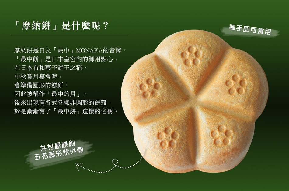 摩納餅是什麼呢 ?單手即可食用，摩納餅是日文最中MONAKA的音譯。最中餅是日本皇宮內的御用點心,在日本有和菓子餅王之稱。中秋賞月宴會時,會準備圓形的糕餅,因此被稱作最中的月,後來出現有各式各樣非圓形的餅殼,於是漸漸有了最中餅這樣的名稱。井村屋原創，
