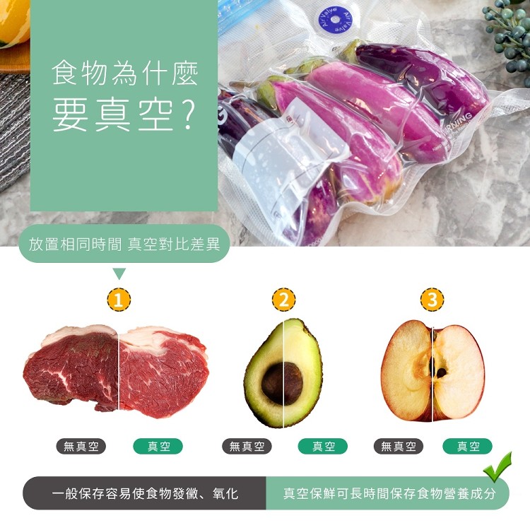 食物為什麼,要真空?放置相同時間真空對比差異,無真空,無真空,無真空,一般保存容易使食物發徽、氧化,真空保鮮可長時間保存食物營養成分。