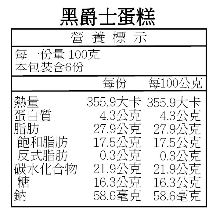 黑爵士蛋糕，營養標示，每一份量100克，本包裝合6份，355.9大卡 355.9大卡，4.3公克，27.9公克，17.5公克 17.5公克，0.3公克，碳水化合物 21.9公克 21.9公克，16.3公克 16.3公克，58.6毫克 58.6毫克，每