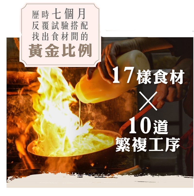 歷時七個月，反覆試驗搭配，找出食材間的，黃金比例，17樣食材，10道，繁複工序。