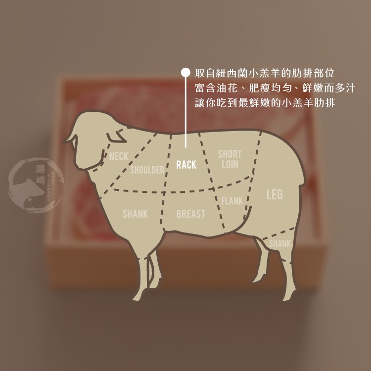 取自紐西蘭小羔羊的肋排部位，富含油花、肥瘦均勻、鮮嫩而多汁，讓你吃到最鮮嫩的小羔羊肋排。