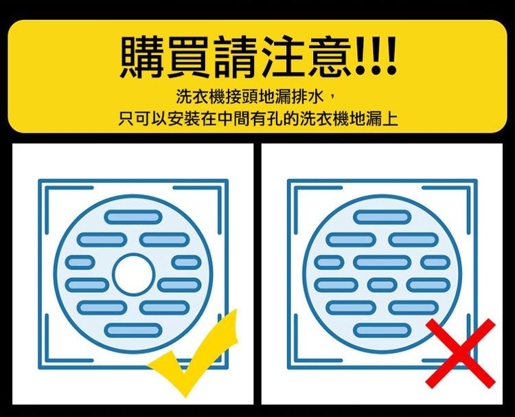 購買請注意!!洗衣機接頭地漏排水,只可以安裝在中間有孔的洗衣機地漏上。
