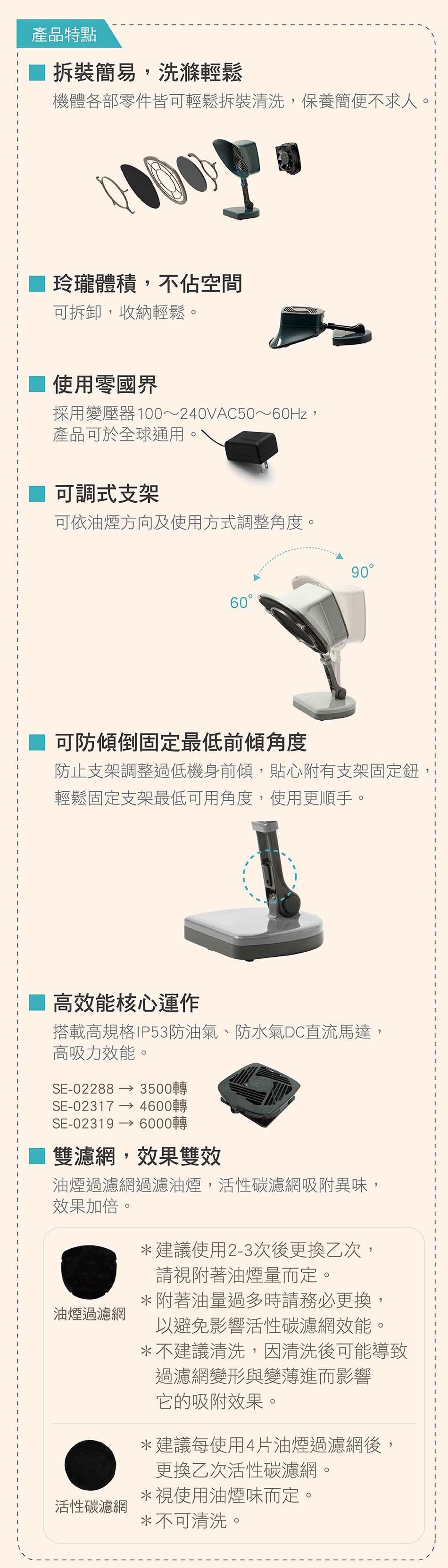 產品特點，拆裝簡易,洗滌輕鬆，機體各部零件皆可輕鬆拆裝清洗,保養簡便不求人。玲瓏體積,不佔空間，可拆卸,收納輕鬆。使用零國界，採用變壓器100~240VAC50~60HZ,產品可於全球通用。可調式支架，可依油煙方向及使用方式調整角度。90°，60°，