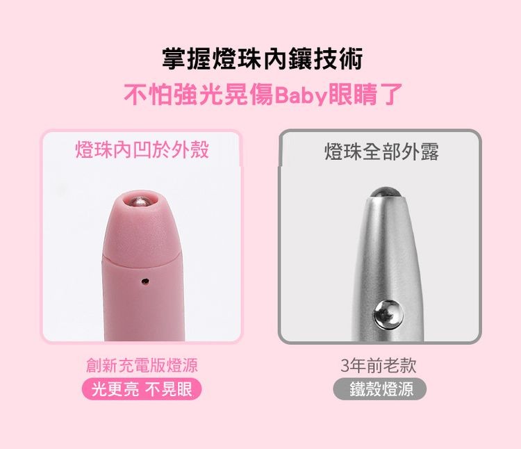 掌握燈珠內鑲技術，不怕強光晃傷Baby眼睛了，燈珠內凹於外殼，燈珠全部外露，3年前老款，創新充電版燈源，光更亮不晃眼，鐵殼燈源。