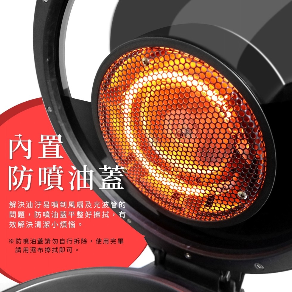 防噴油蓋，解決油汗易噴到風扇及光波管的，問題,防噴油蓋平整好擦拭,有，效解決清潔小煩惱。※防噴油蓋請勿自行拆除,使用完畢，請用濕布擦拭即可。