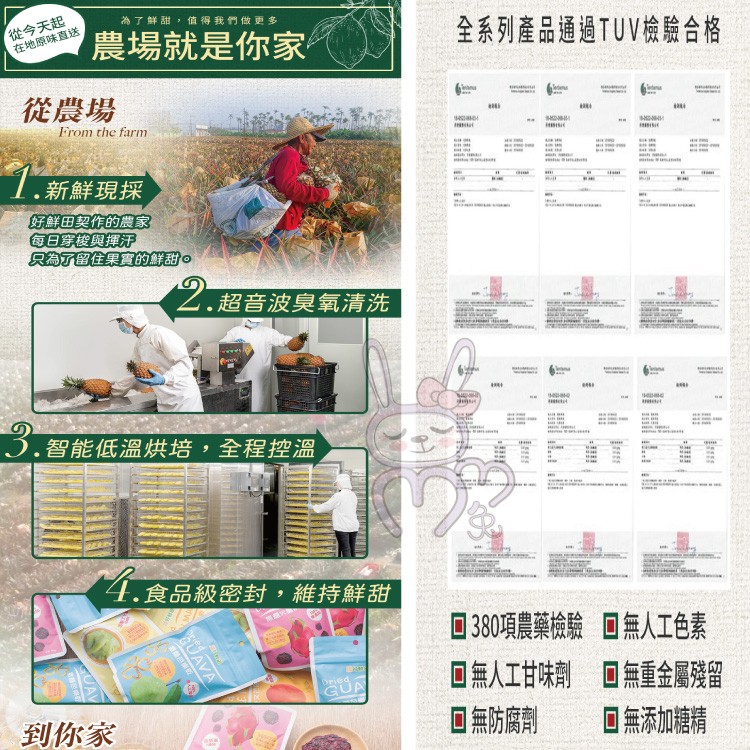 從今天起，在地原味直送，為了鮮甜,值得我們做更多，農場就是你家，全系列產品通過TUV檢驗合格，從農場，T.新鮮現採，好鮮田契作的農家，每日穿梭與揮汗，只為了留住果實的鮮甜。Z.超音波臭氧清洗，J.智能低溫烘培,全程控溫，4.食品級密封,維持鮮甜，回3