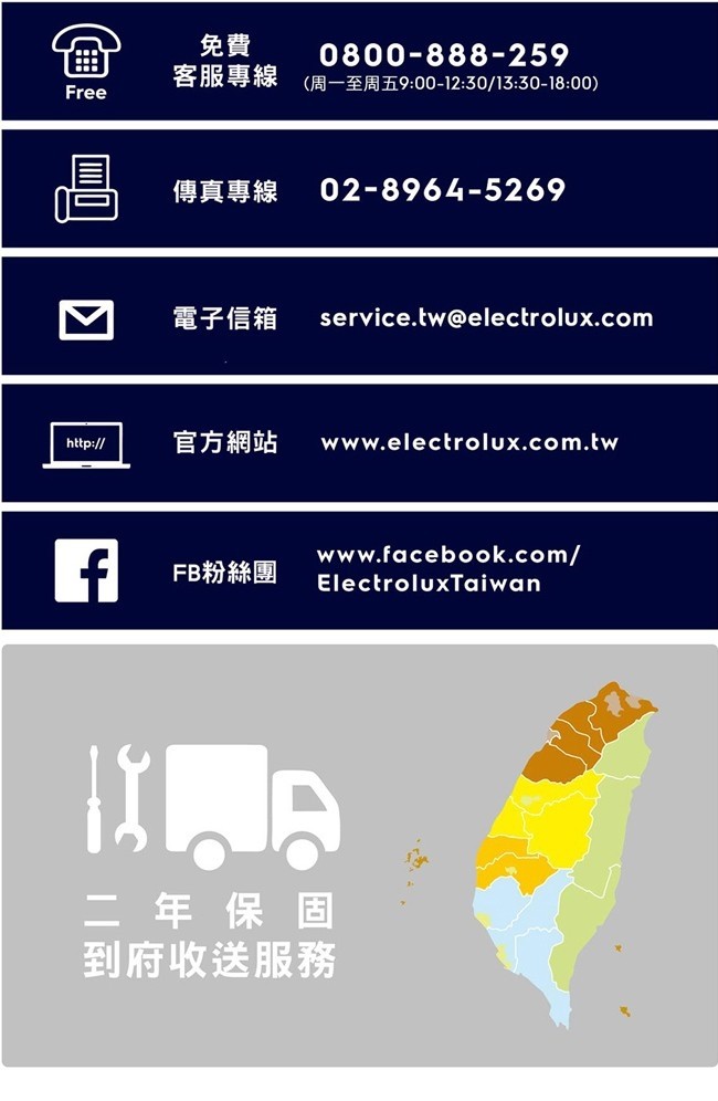 客服專線 (周一至周五9:00-12:30/13:30-18:00)，傳真專線，電子信箱，官方網站，FB粉絲團，二年保固，到府收送服務。