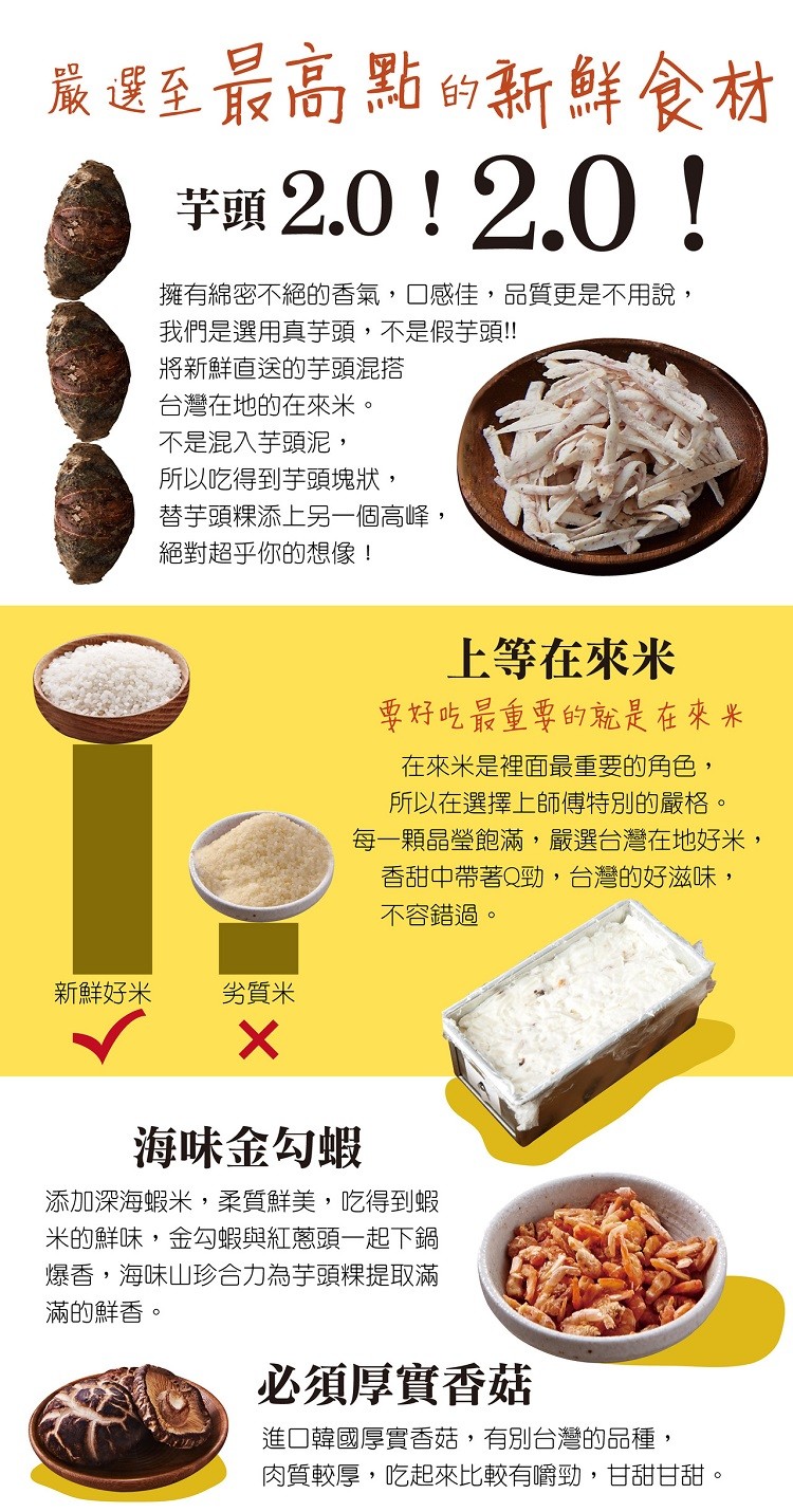 嚴選至最高點的新鮮食材，芋頭2.0!2,0!擁有綿密不絕的香氣,口感佳,品質更是不用說,我們是選用真芋頭,不是假芋頭!!將新鮮直送的芋頭混搭，台灣在地的在來米。不是混入芋頭泥,所以吃得到芋頭塊狀,替芋頭粿添上另一個高峰,絕對超乎你的想像!上等在來米，