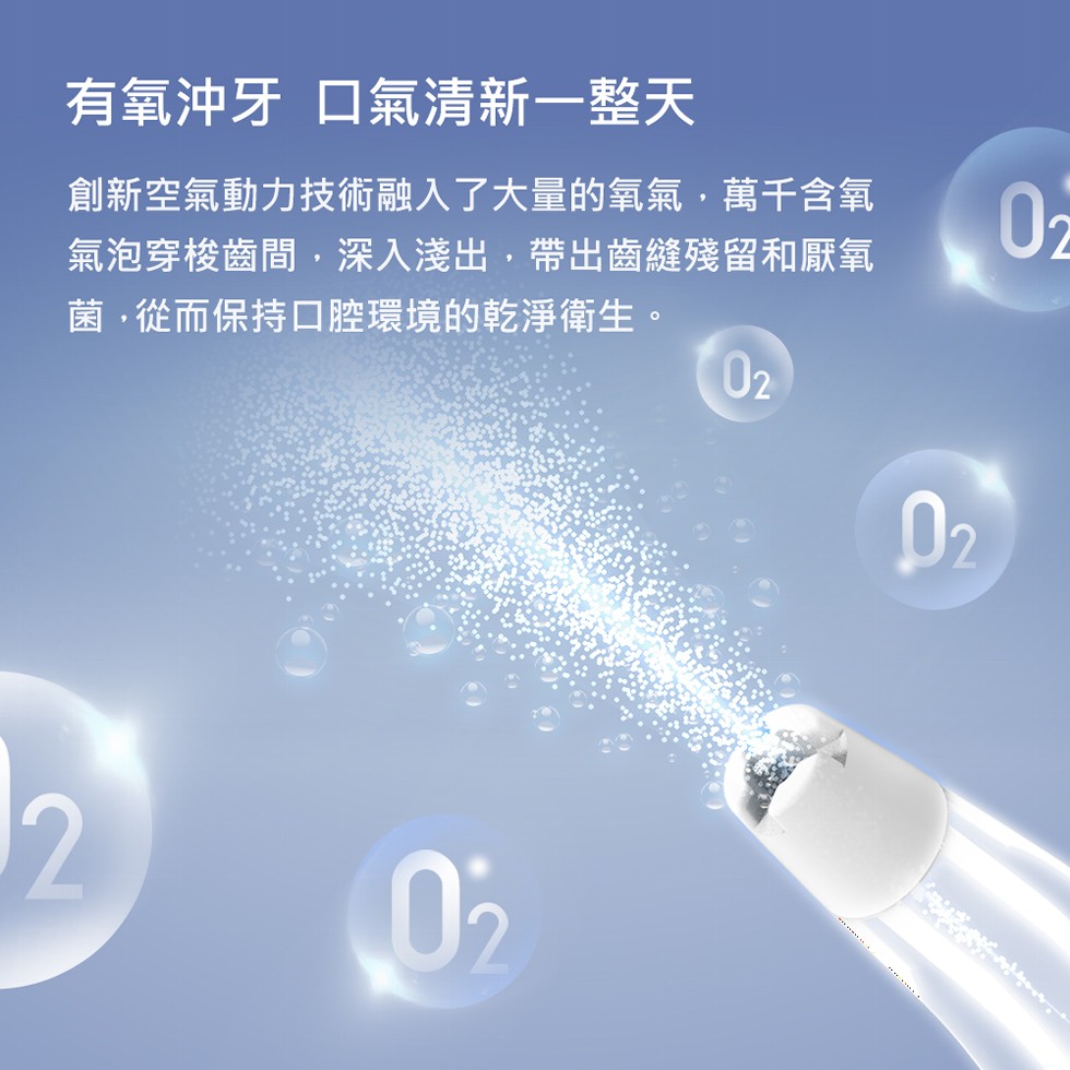 有氧沖牙 口氣清新一整天，創新空氣動力技術融入了大量的氧氣,萬千含氧，氣泡穿梭齒間,深入淺出,帶出齒縫殘留和厭氧，菌,從而保持口腔環境的乾淨衛生。