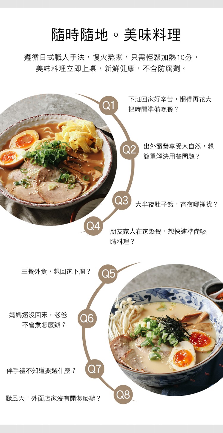 隨時隨地。美味料理，遵循日式職人手法,慢火熬煮,只需輕鬆加熱10分,美味料理立即上桌,新鮮健康,不含防腐劑。下班回家好辛苦,懶得再花大，把時間準備晚餐?出外露營享受大自然,想，簡單解決用餐問題?大半夜肚子餓,宵夜哪裡找?朋友家人在家聚餐,想快速準備吸