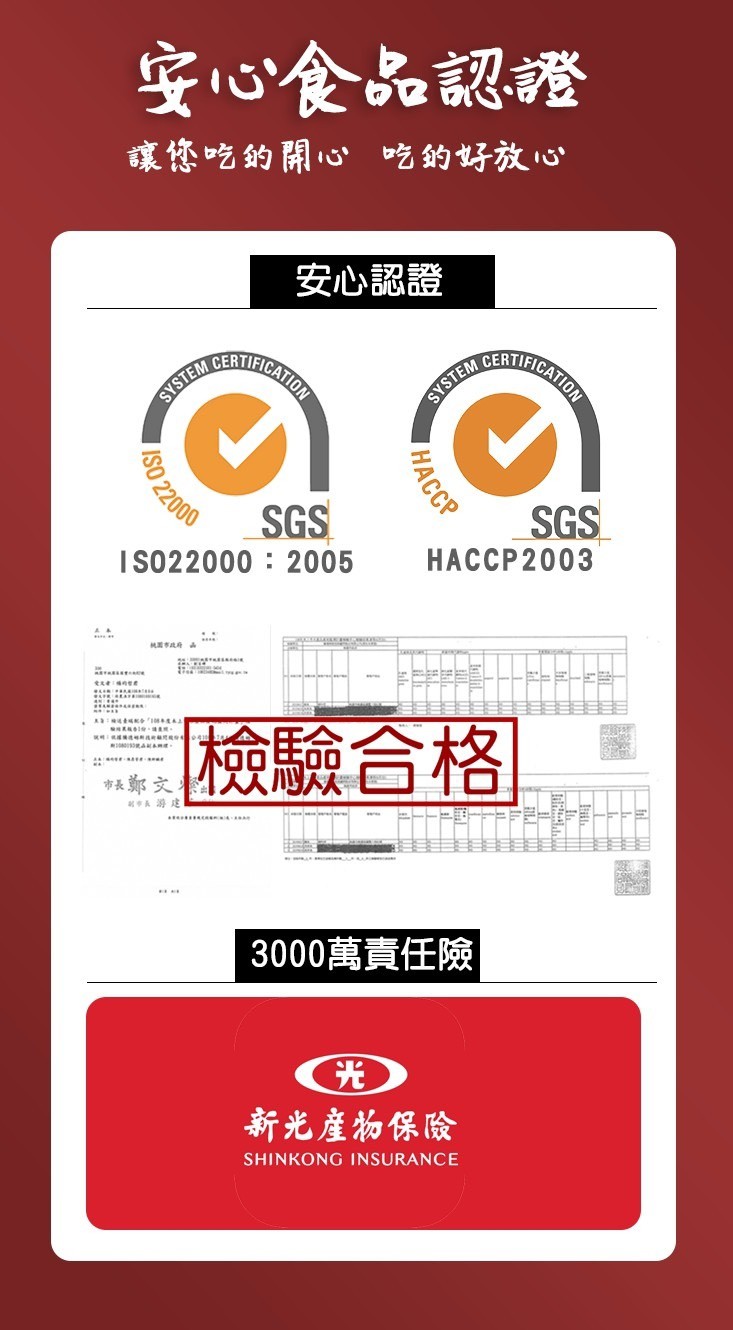 安心食品認證，讓您吃的關心吃的好放心，安心認證，=西T西，檢驗合格，市長鄭;，3000萬責任險，新光產物保險，НАССР。