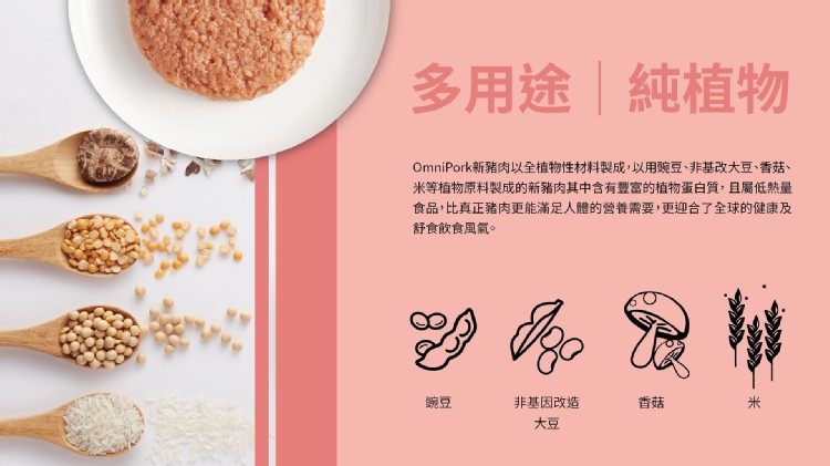 多用途純植物,OmniPork新豬肉以全植物性材料製成,以用號豆、非基改大豆、香菇、米等植物原料製成的新豬肉其中含有豐富的植物蛋白質,且屬低熱量,食品,比真正豬肉更能滿足人體的養需要,更迎合了全球的健康及,舒食飲食風氣。非基因改造。