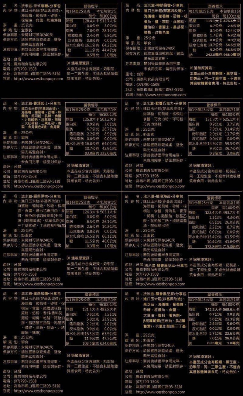 名,法米滋-帶到椒香。分享包，内容物:進口玉米粒(F基因改造)、每1份量25公克，副 名:法米滋-法式焦糖。分享包，養標示，本包装合1份，每份每100公克，128.4大卡513.7大卡，0.8公克 3.0公克，7.0公克 281公克，內容物:進口玉米