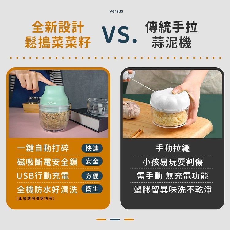 全新設計,鬆搗菜菜籽,傳統手拉,蒜泥機,一鍵自動打碎,手動拉繩,磁吸斷電安全鎖 安全,USB行動充電,小孩易玩耍割傷,需手動無充電功能,全機防水好清洗 衛生,塑膠留異味洗不乾淨,(主機請勿浸水清洗)。