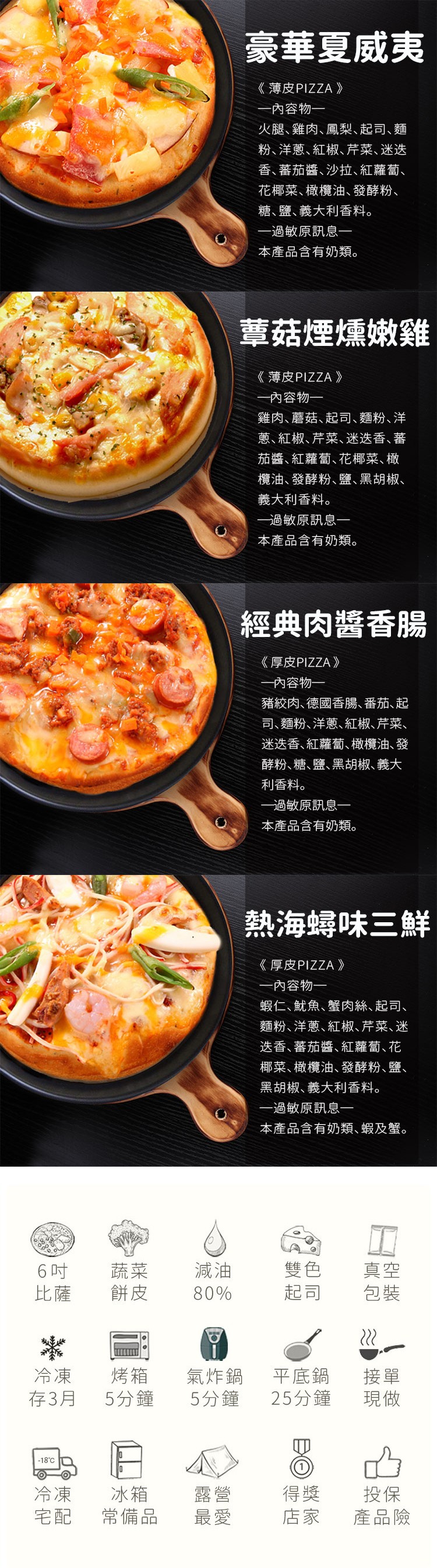 豪華夏威夷,《薄皮PIZZA 》,一內容物一,火腿、雞肉、鳳梨、起司、麵,粉、洋蔥、紅椒、芹菜、迷选,香、蕃茄醬、沙拉、紅蘿蔔、花椰菜、橄欖油、發酵粉、糖、鹽、義大利香料。一過敏原訊息一,本產品含有奶類。蕈菇煙燻嫩雞,《薄皮PIZZA 》,一內容物一