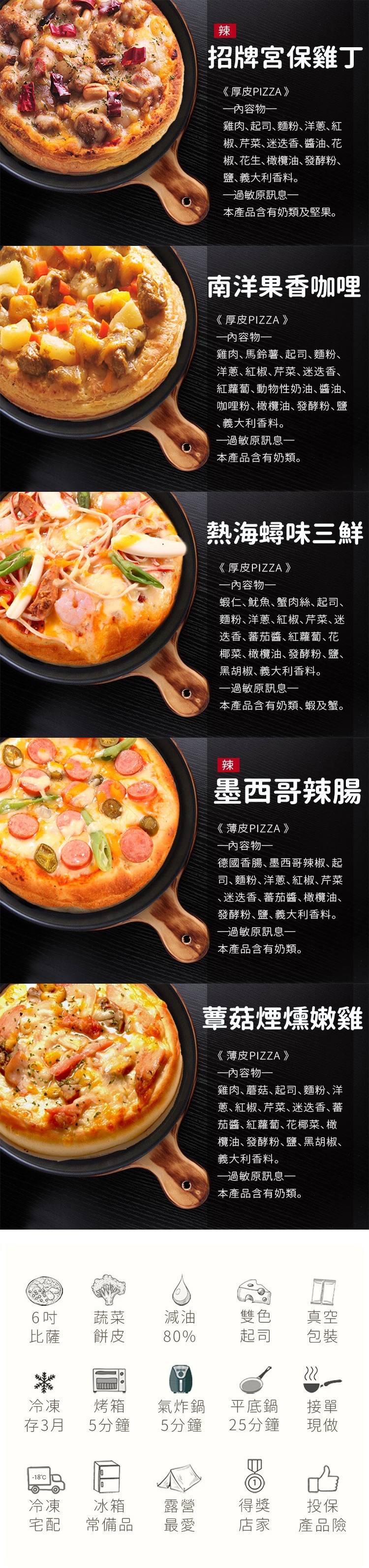 招牌宮保雞丁,《厚皮PIZZA》,一內容物一,雞肉、起司、麵粉、洋蔥、紅,椒、芹菜、迷迭香、醬油、花,椒、花生、橄欖油、發酵粉、鹽、義大利香料。一過敏原訊息一,本產品含有奶類及堅果。南洋果香咖哩,《厚皮PIZZA 》,一內容物一,雞肉、馬鈴薯、起司、