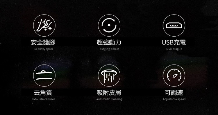 安全護腳,超強動力,USB充電,去角質,吸附皮屑,可調速。