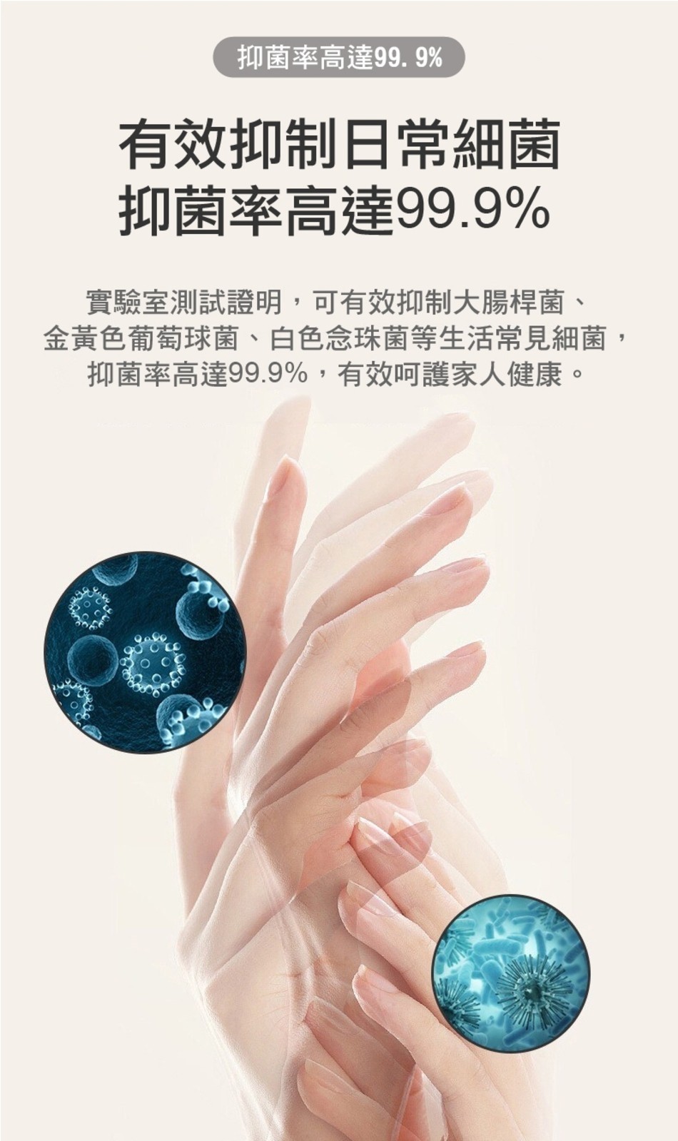 抑菌率高達99. 9%，有效抑制日常細菌，抑菌率高達99.9%，實驗室測試證明,可有效抑制大腸桿菌、金黃色葡萄球菌、白色念珠菌等生活常見細菌,抑菌率高達99.9%,有效呵護家人健康。