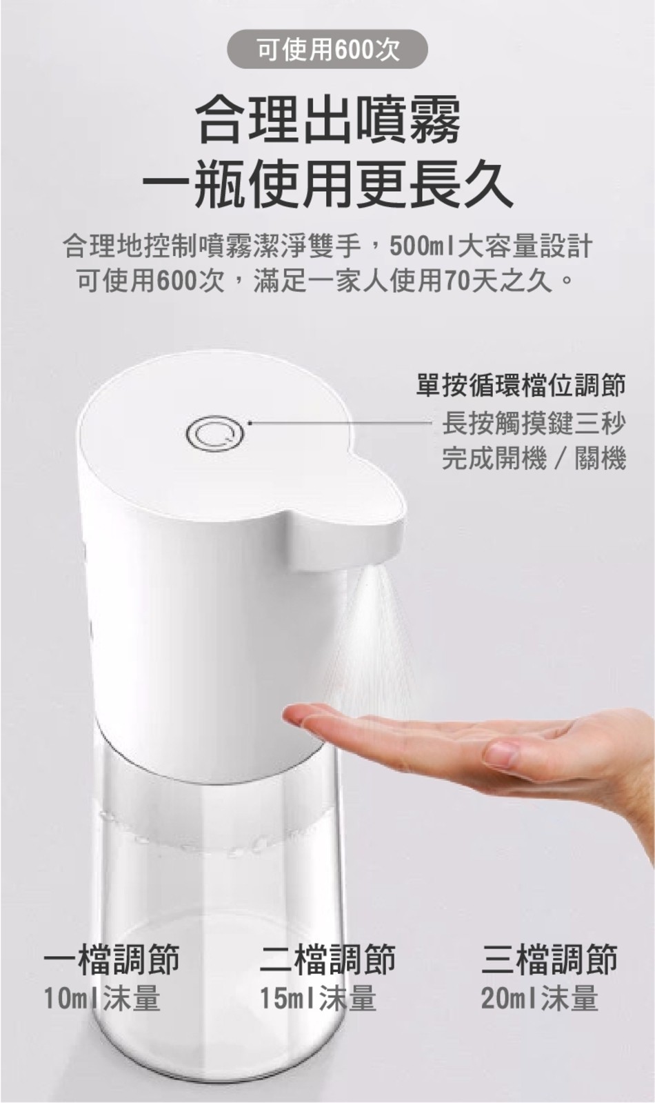 可使用600次，合理出噴霧，一瓶使用更長久，合理地控制噴霧潔淨雙手,500m1大容量設計，可使用600次,滿足一家人使用70天之久。單按循環檔位調節，長按觸摸鍵三秒，完成開機/關機，一檔調節，10ml沫量，二檔調節，15ml沫量，三檔調節，20ml沫