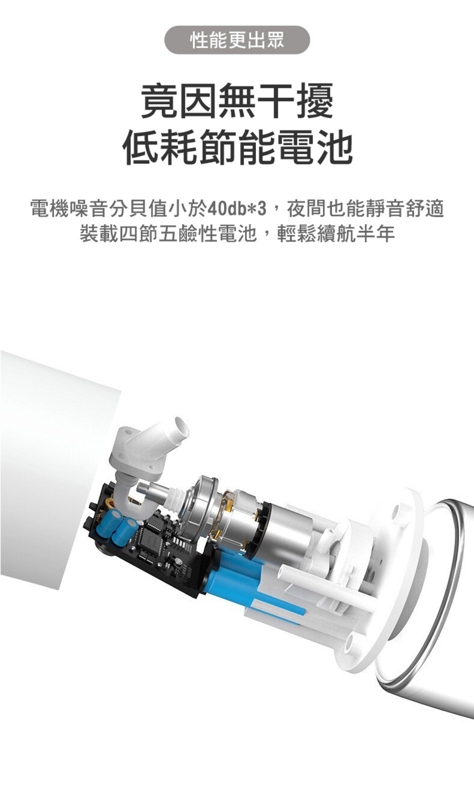 性能更出眾，竟因無干擾，低耗節能電池，電機噪音分貝值小於40db3,夜間也能靜音舒適，裝載四節五鹼性電池,輕鬆續航半年。