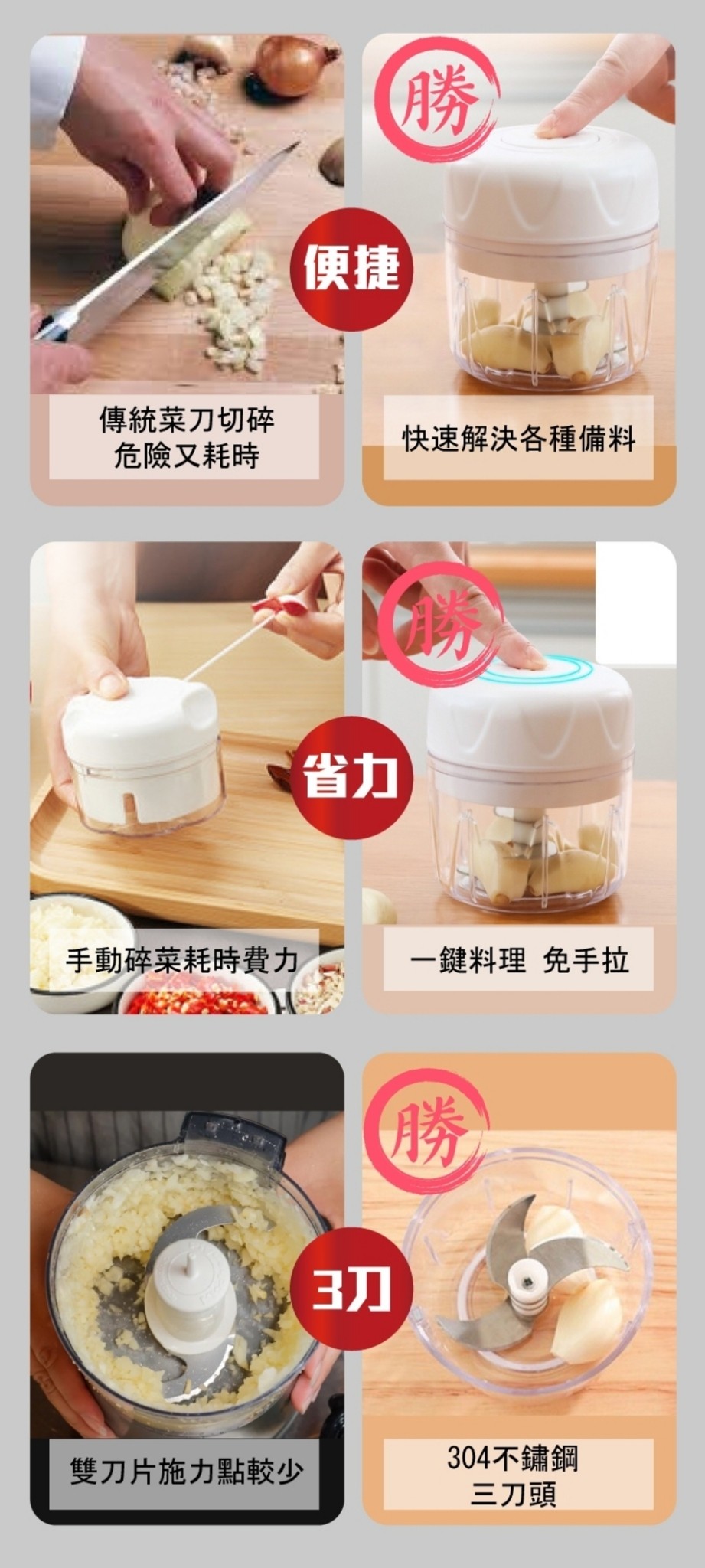 傳統菜刀切碎，危險又耗時，快速解決各種備料，手動碎菜耗時費力，一鍵料理免手拉，雙刀片施力點較少，304不鏽鋼，三刀頭。