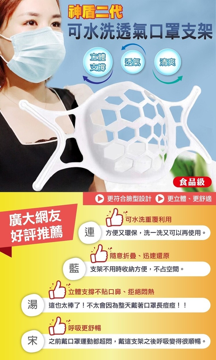 即三代,可水洗透氣口罩支架,食品級,O更符合臉型設計,更立體、更舒適,廣大網友,好評推薦,可水洗重覆利用,理)方便又環保,洗一洗又可以再使用。隨意折疊、迅速還原,支架不用時收納方便,不占空間。立體支撐不貼口鼻、拒絕悶熱,這也太棒了!不太會因為整天戴著