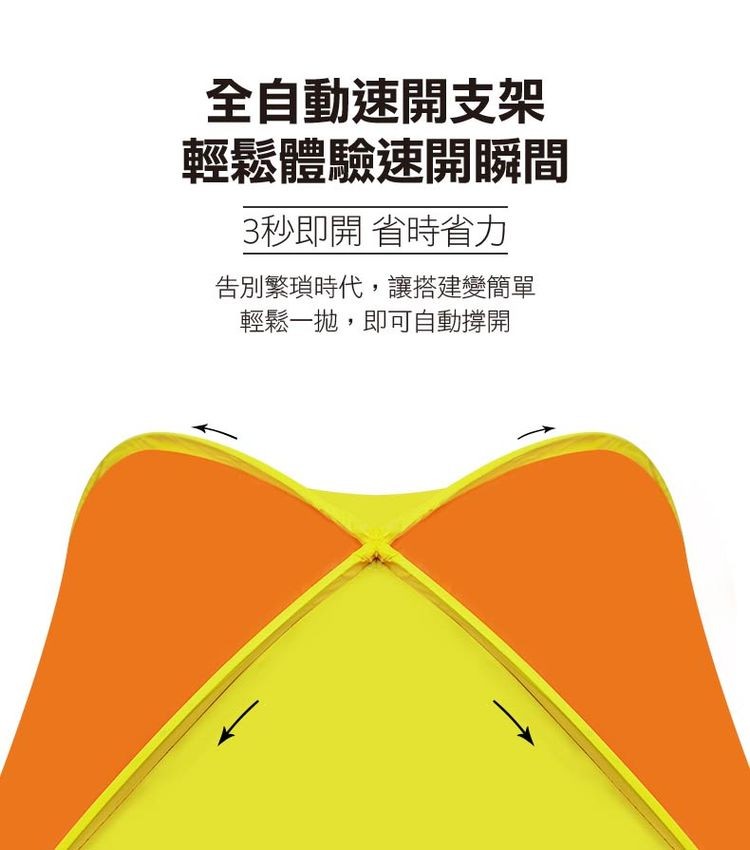 全自動速開支架，輕鬆體驗速開瞬間，3秒即開省時省力，告別繁瑣時代,讓搭建變簡單，輕鬆一拋,即可自動撐開。