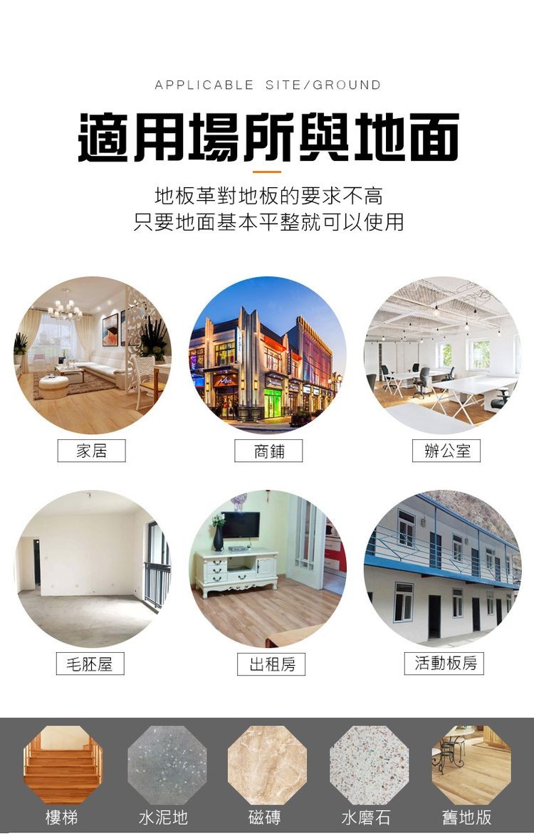 適用場所與地面，地板革對地板的要求不高，只要地面基本平整就可以使用，辦公室，毛胚屋，出租房，活動板房，水泥地，水磨石，舊地版。