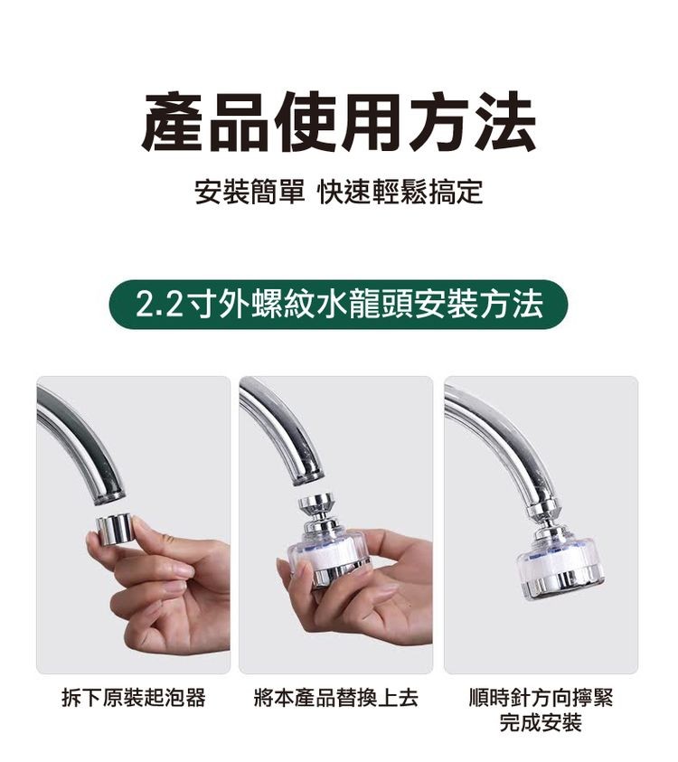 產品使用方法，安裝簡單快速輕鬆搞定，2.2寸外螺紋水龍頭安裝方法，順時針方向檸緊，完成安裝，拆下原裝起泡器，將本產品替換上去。