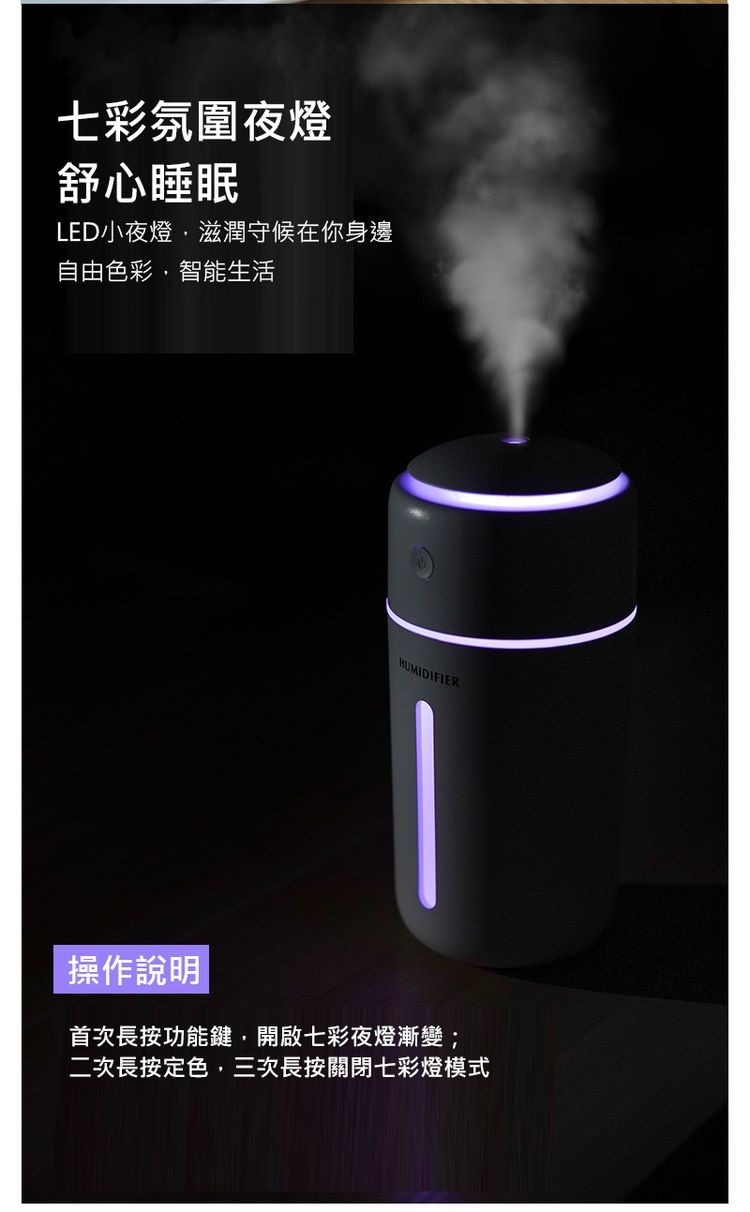 七彩氛圍夜燈，舒心睡眠，LED小夜燈,滋潤守候在你身邊，自由色彩,智能生活，操作說明，首次長按功能鍵,開啟七彩夜燈漸變;，二次長按定色,三次長按關閉七彩燈模式。