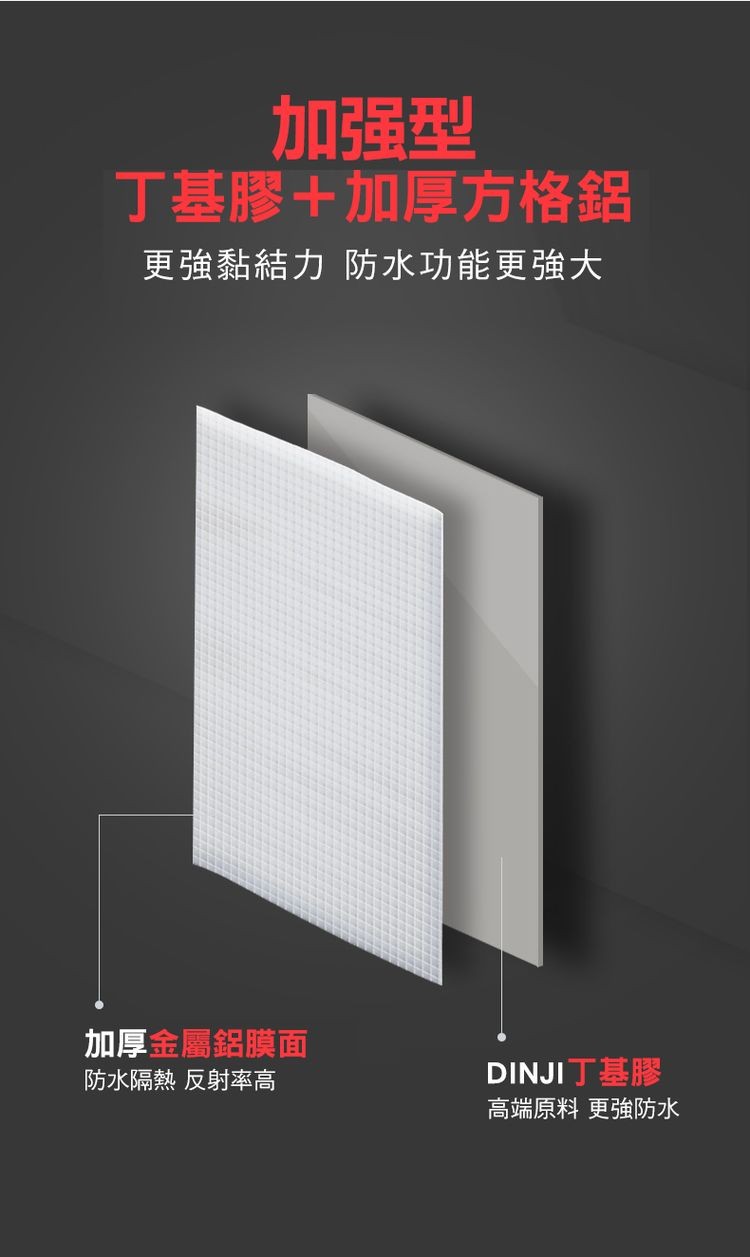 加强型，丁基膠+加厚方格鋁，更強黏結力防水功能更強大，加厚金屬鋁膜面，防水隔熱反射率高，高端原料更強防水。