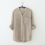 A.日系小清新寬鬆棉麻七分袖立領襯衫-卡其色 特價：$199