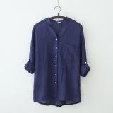 A.日系小清新寬鬆棉麻七分袖立領襯衫-藏青色 特價：$199
